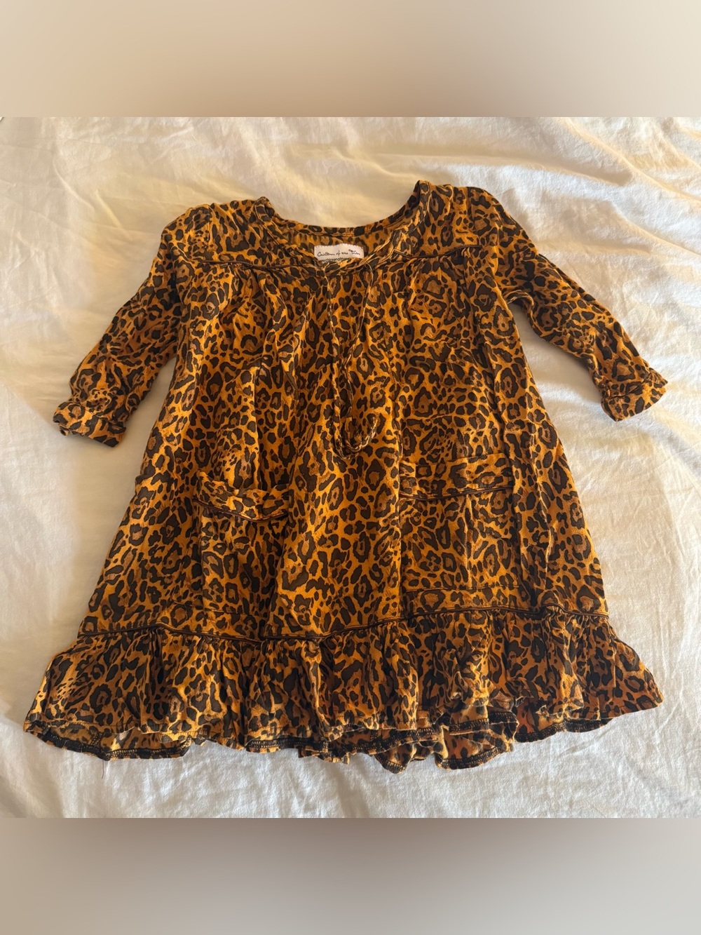 Girls' Leopard Print Tunic Top in Mustard Brown - Cute Ruffle Hem